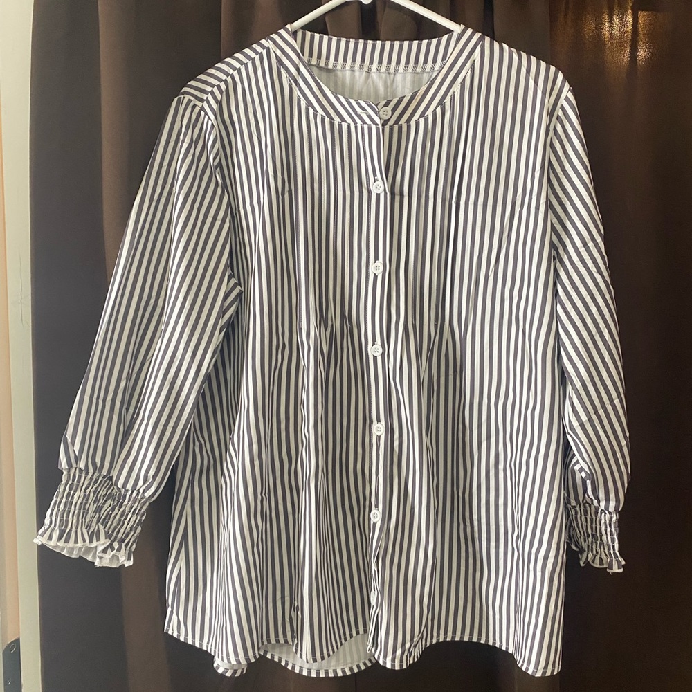 Gray and White Striped Button-Front Women’s Shirt
